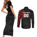 Personalized St Kilda Saints Polynesian Couples Matching Short Sleeve Bodycon Dress and Long Sleeve Button Shirt Tribal Chest and Sleeve Tattoo Heritage Warrior