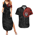 Personalized St Kilda Saints Polynesian Couples Matching Summer Maxi Dress and Hawaiian Shirt Tribal Chest and Sleeve Tattoo Heritage Warrior