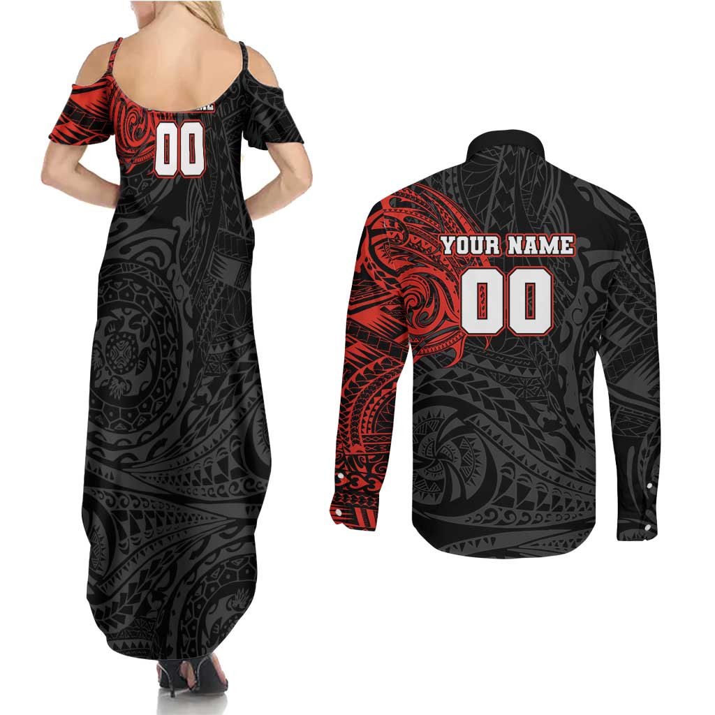 Personalized St Kilda Saints Polynesian Couples Matching Summer Maxi Dress and Long Sleeve Button Shirt Tribal Chest and Sleeve Tattoo Heritage Warrior