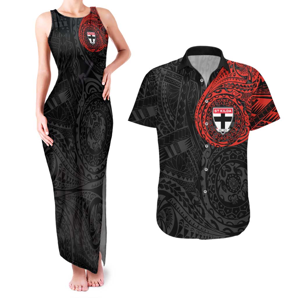 Personalized St Kilda Saints Polynesian Couples Matching Tank Maxi Dress and Hawaiian Shirt Tribal Chest and Sleeve Tattoo Heritage Warrior