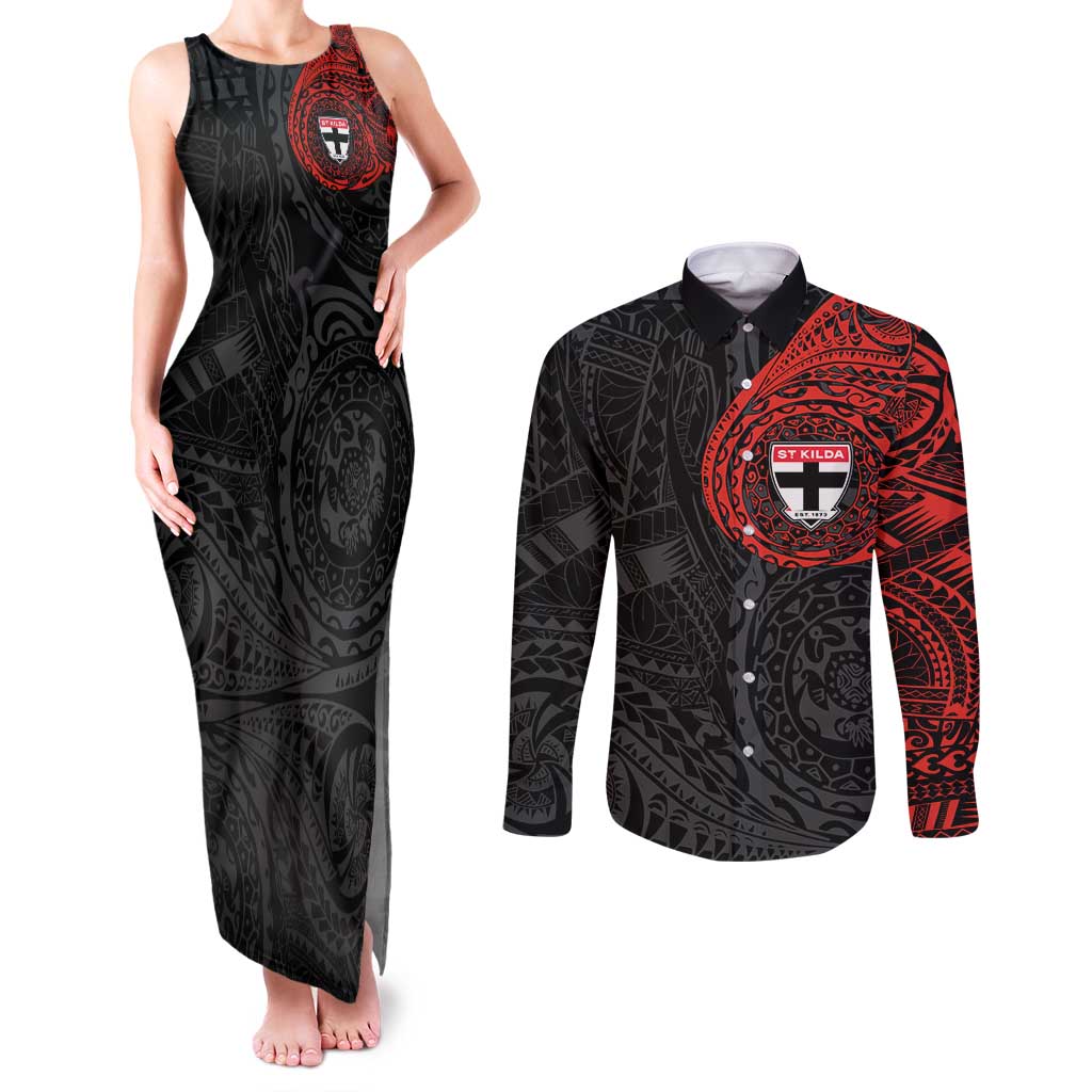 Personalized St Kilda Saints Polynesian Couples Matching Tank Maxi Dress and Long Sleeve Button Shirt Tribal Chest and Sleeve Tattoo Heritage Warrior
