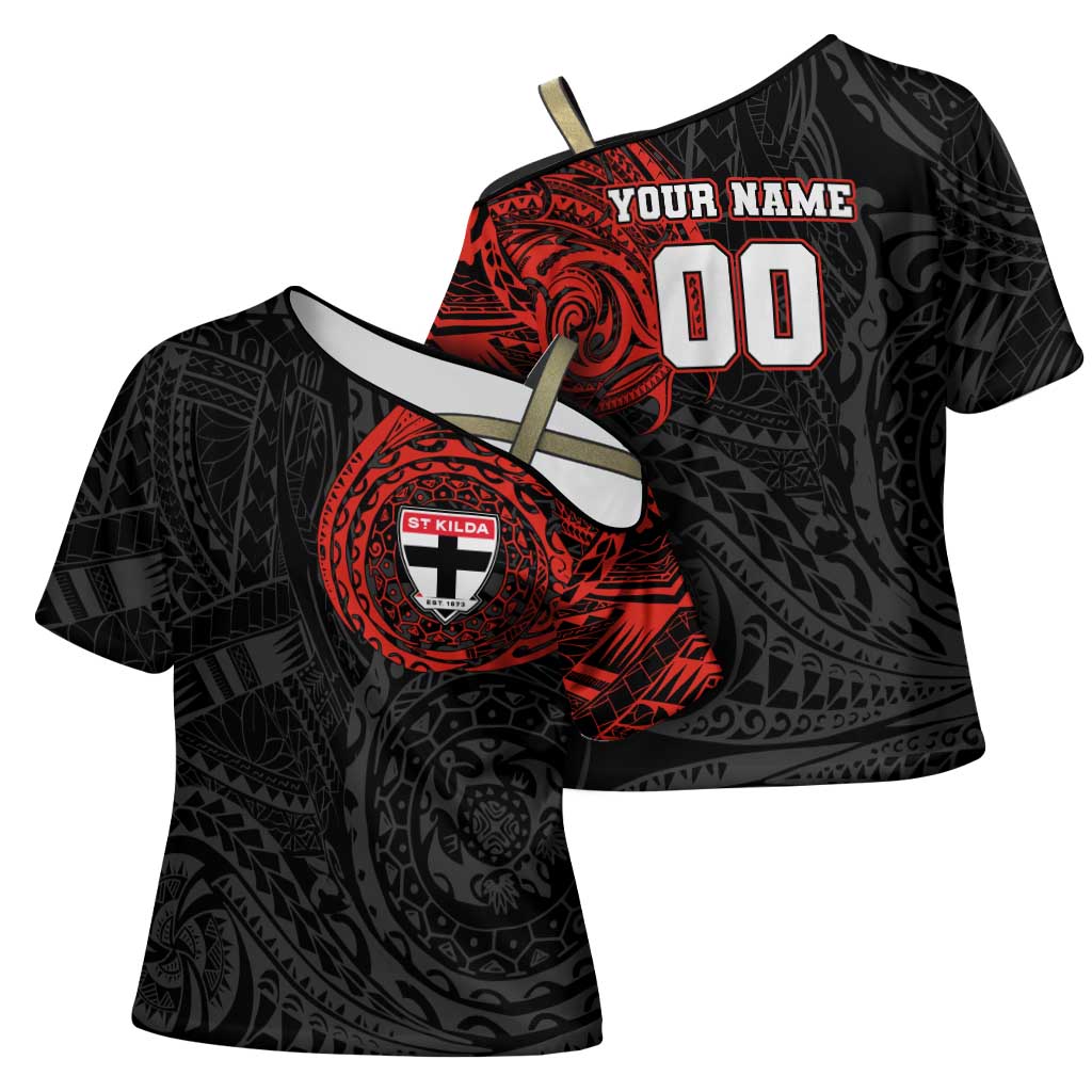 Personalized St Kilda Saints Polynesian Cross Shoulder Shirt Tribal Chest and Sleeve Tattoo Heritage Warrior