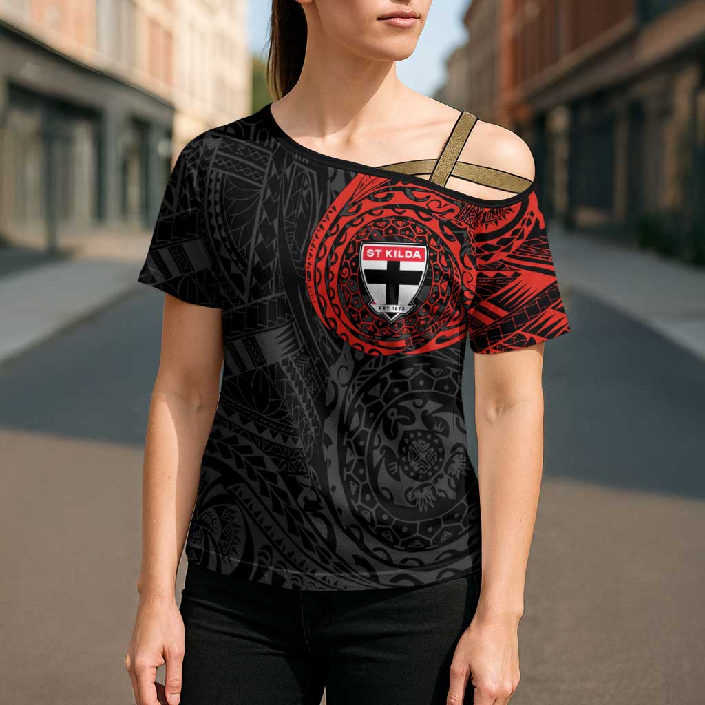 Personalized St Kilda Saints Polynesian Cross Shoulder Shirt Tribal Chest and Sleeve Tattoo Heritage Warrior