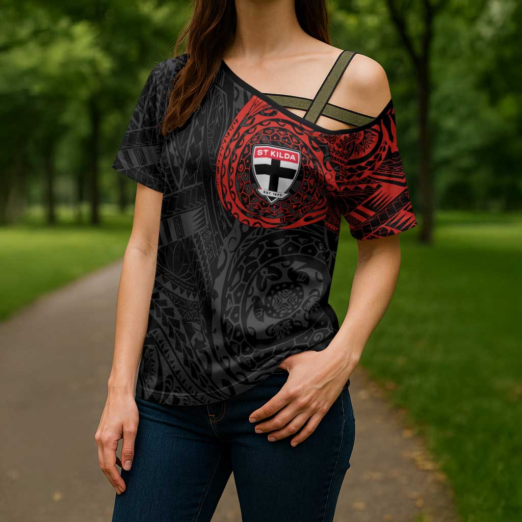 Personalized St Kilda Saints Polynesian Cross Shoulder Shirt Tribal Chest and Sleeve Tattoo Heritage Warrior