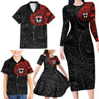 Personalized St Kilda Saints Polynesian Family Matching Long Sleeve Bodycon Dress and Hawaiian Shirt Tribal Chest and Sleeve Tattoo Heritage Warrior