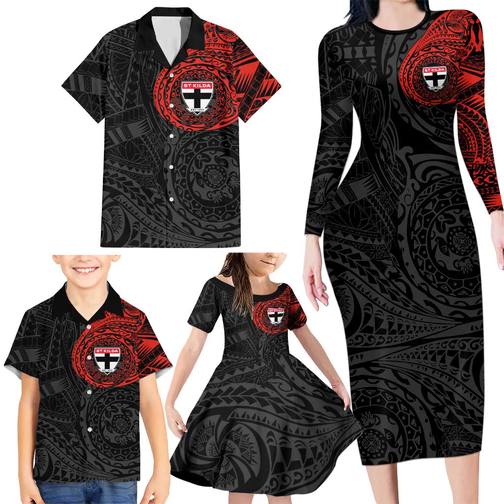 Personalized St Kilda Saints Polynesian Family Matching Long Sleeve Bodycon Dress and Hawaiian Shirt Tribal Chest and Sleeve Tattoo Heritage Warrior