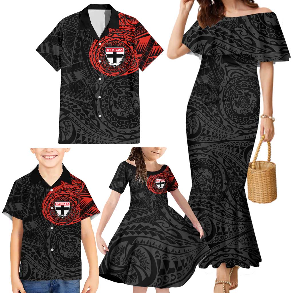 Personalized St Kilda Saints Polynesian Family Matching Mermaid Dress and Hawaiian Shirt Tribal Chest and Sleeve Tattoo Heritage Warrior
