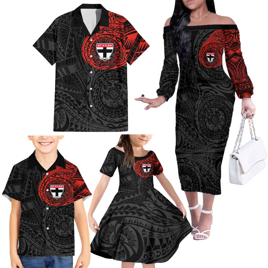 Personalized St Kilda Saints Polynesian Family Matching Off The Shoulder Long Sleeve Dress and Hawaiian Shirt Tribal Chest and Sleeve Tattoo Heritage Warrior