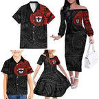 Personalized St Kilda Saints Polynesian Family Matching Off The Shoulder Long Sleeve Dress and Hawaiian Shirt Tribal Chest and Sleeve Tattoo Heritage Warrior