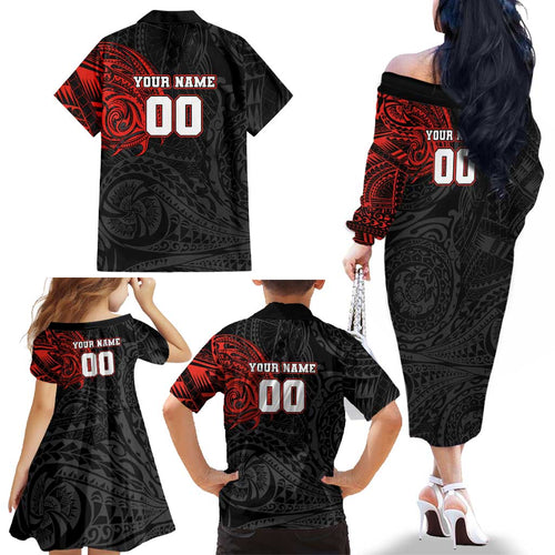 Personalized St Kilda Saints Polynesian Family Matching Off The Shoulder Long Sleeve Dress and Hawaiian Shirt Tribal Chest and Sleeve Tattoo Heritage Warrior