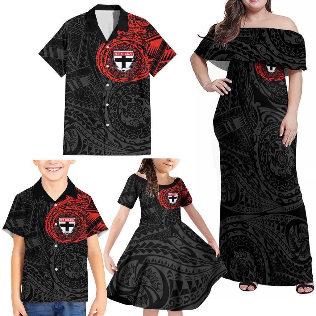 Personalized St Kilda Saints Polynesian Family Matching Off Shoulder Maxi Dress and Hawaiian Shirt Tribal Chest and Sleeve Tattoo Heritage Warrior