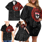 Personalized St Kilda Saints Polynesian Family Matching Off Shoulder Short Dress and Hawaiian Shirt Tribal Chest and Sleeve Tattoo Heritage Warrior