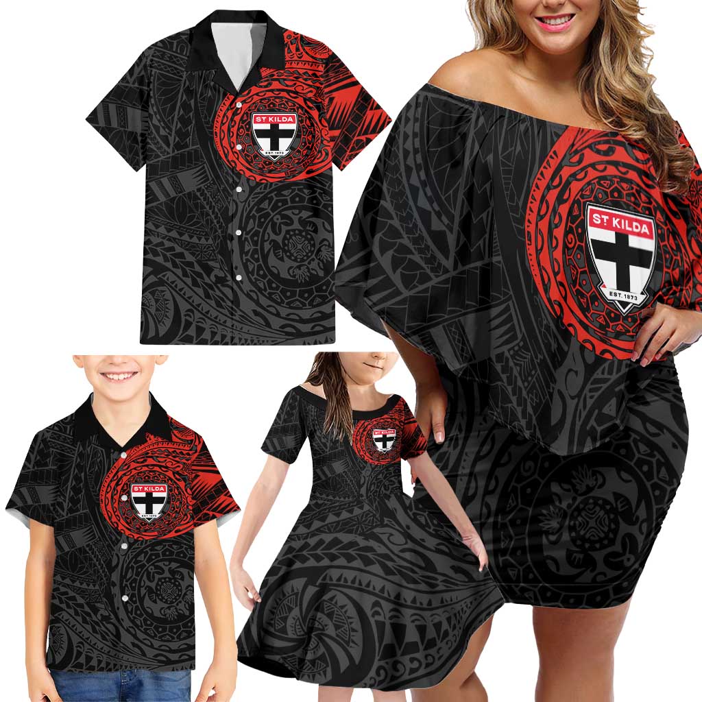 Personalized St Kilda Saints Polynesian Family Matching Off Shoulder Short Dress and Hawaiian Shirt Tribal Chest and Sleeve Tattoo Heritage Warrior