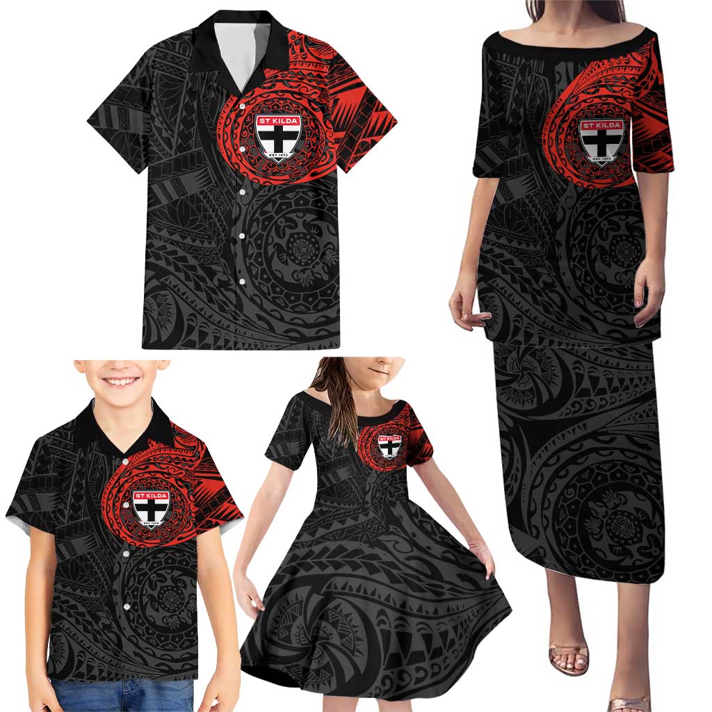 Personalized St Kilda Saints Polynesian Family Matching Puletasi and Hawaiian Shirt Tribal Chest and Sleeve Tattoo Heritage Warrior