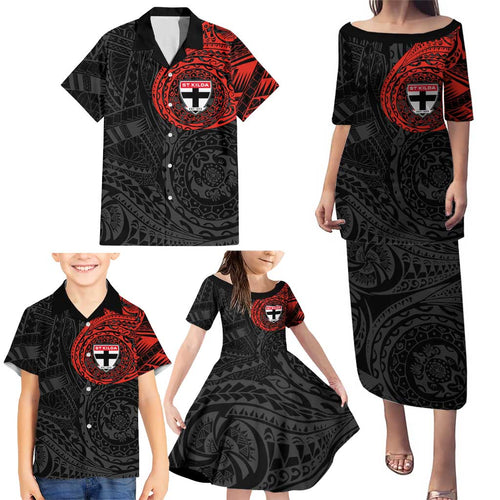 Personalized St Kilda Saints Polynesian Family Matching Puletasi and Hawaiian Shirt Tribal Chest and Sleeve Tattoo Heritage Warrior