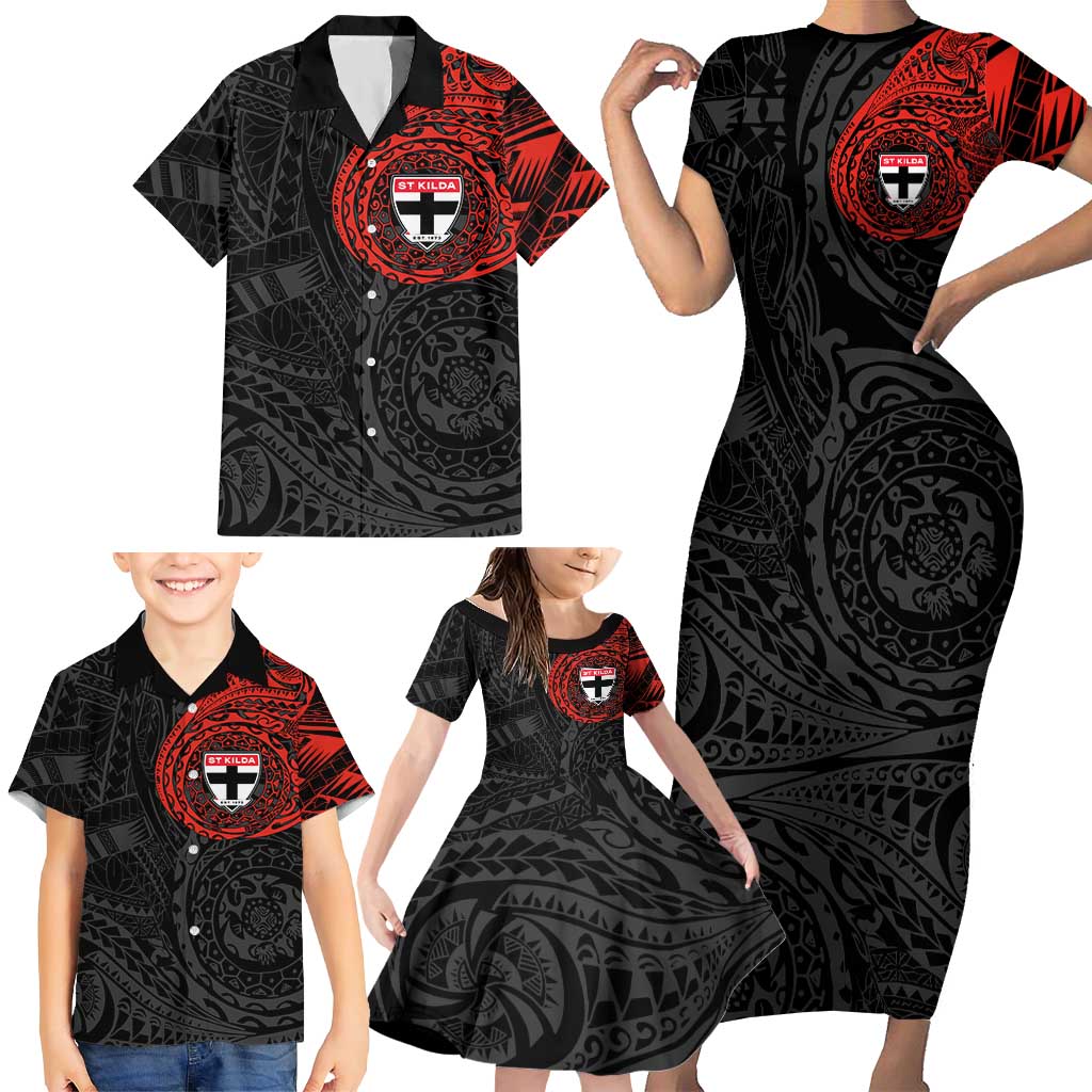 Personalized St Kilda Saints Polynesian Family Matching Short Sleeve Bodycon Dress and Hawaiian Shirt Tribal Chest and Sleeve Tattoo Heritage Warrior