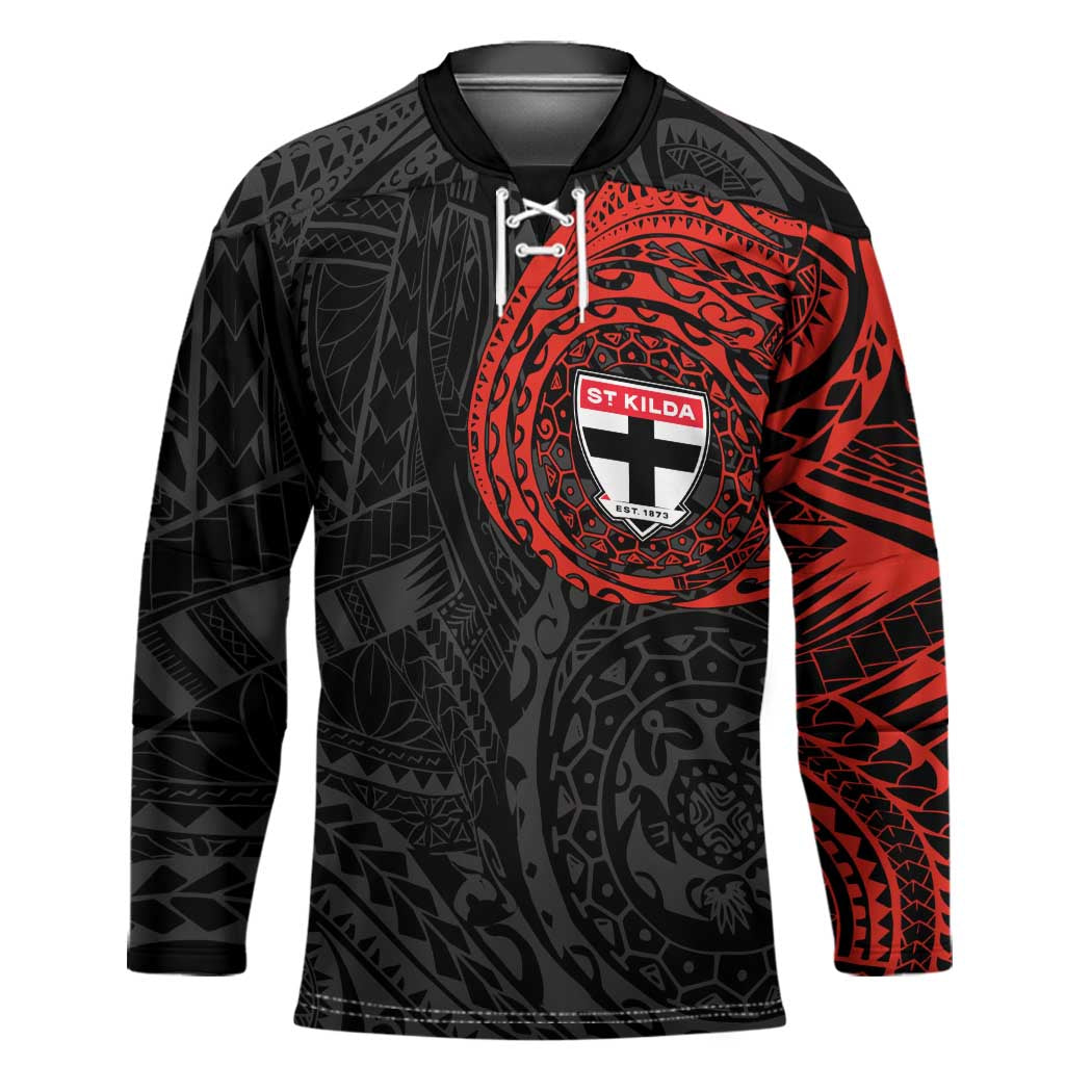 Personalized St Kilda Saints Polynesian Hockey Jersey Tribal Chest and Sleeve Tattoo Heritage Warrior