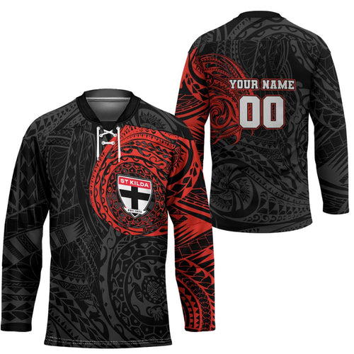 Personalized St Kilda Saints Polynesian Hockey Jersey Tribal Chest and Sleeve Tattoo Heritage Warrior