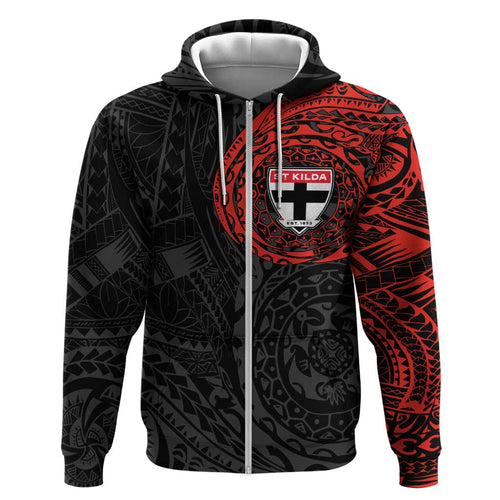 Personalized St Kilda Saints Polynesian Hoodie Tribal Chest and Sleeve Tattoo Heritage Warrior