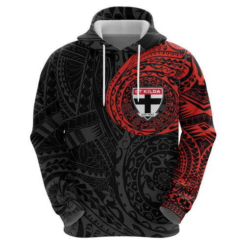 Personalized St Kilda Saints Polynesian Hoodie Tribal Chest and Sleeve Tattoo Heritage Warrior