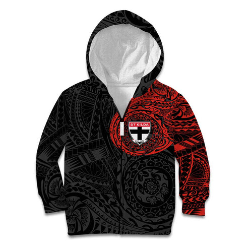 Personalized St Kilda Saints Polynesian Kid Hoodie Tribal Chest and Sleeve Tattoo Heritage Warrior