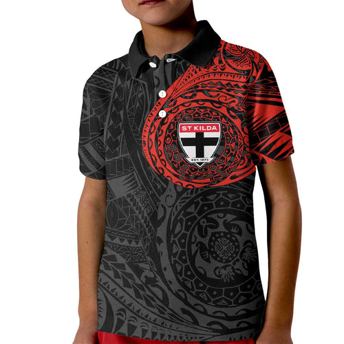 Personalized St Kilda Saints Polynesian Kid Polo Shirt Tribal Chest and Sleeve Tattoo Heritage Warrior