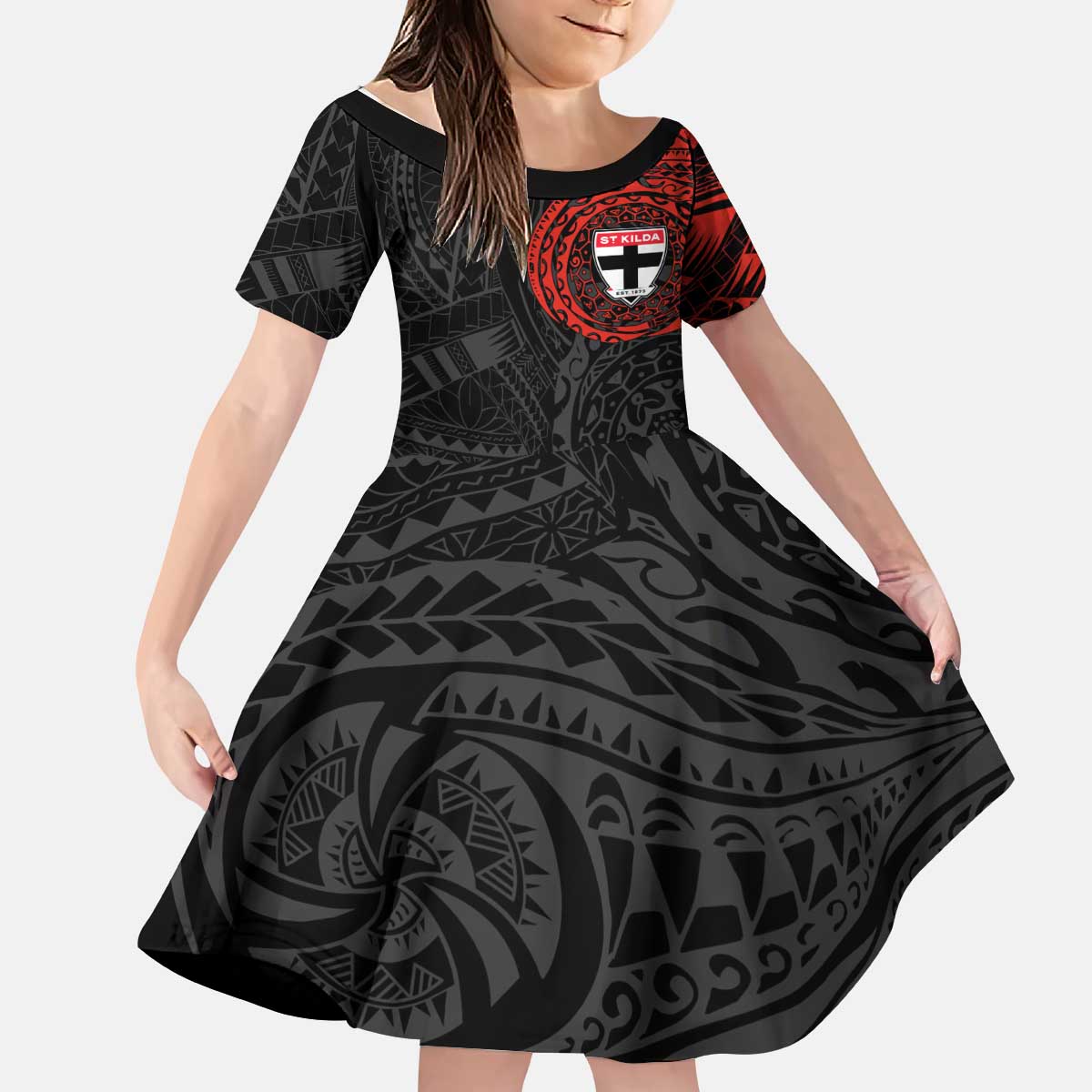 Personalized St Kilda Saints Polynesian Kid Short Sleeve Dress Tribal Chest and Sleeve Tattoo Heritage Warrior