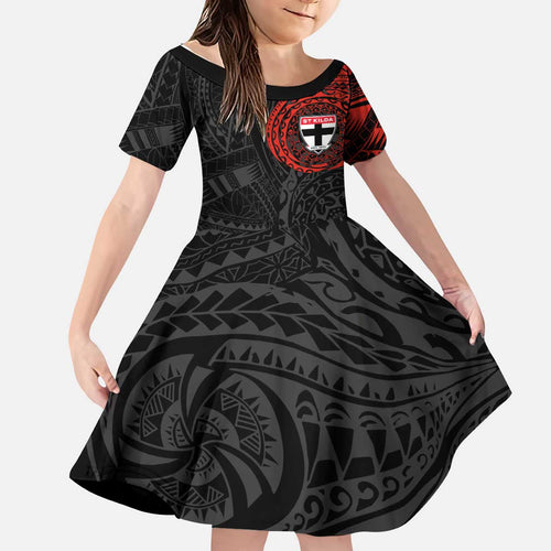Personalized St Kilda Saints Polynesian Kid Short Sleeve Dress Tribal Chest and Sleeve Tattoo Heritage Warrior