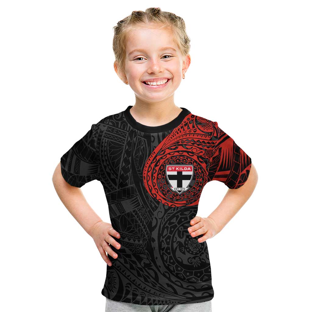 Personalized St Kilda Saints Polynesian Kid T Shirt Tribal Chest and Sleeve Tattoo Heritage Warrior