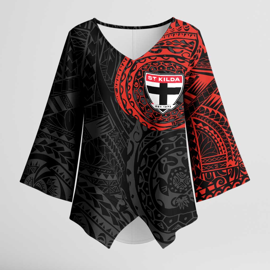 Personalized St Kilda Saints Polynesian Kimono Sleeve Blouse Tribal Chest and Sleeve Tattoo Heritage Warrior