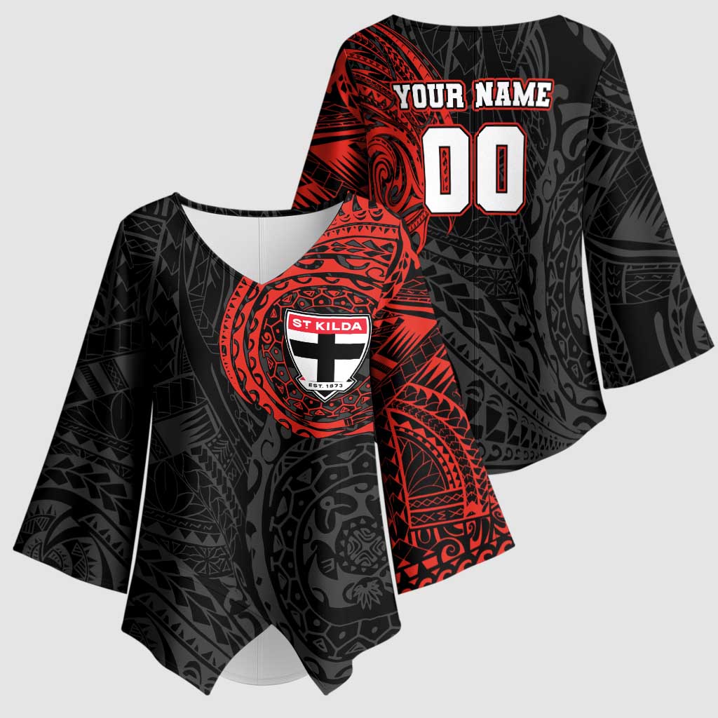 Personalized St Kilda Saints Polynesian Kimono Sleeve Blouse Tribal Chest and Sleeve Tattoo Heritage Warrior