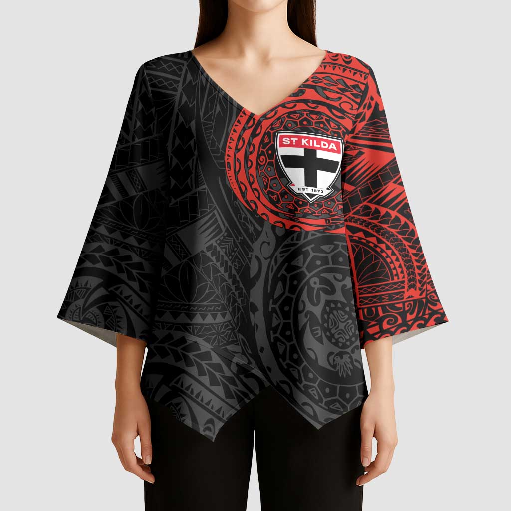 Personalized St Kilda Saints Polynesian Kimono Sleeve Blouse Tribal Chest and Sleeve Tattoo Heritage Warrior