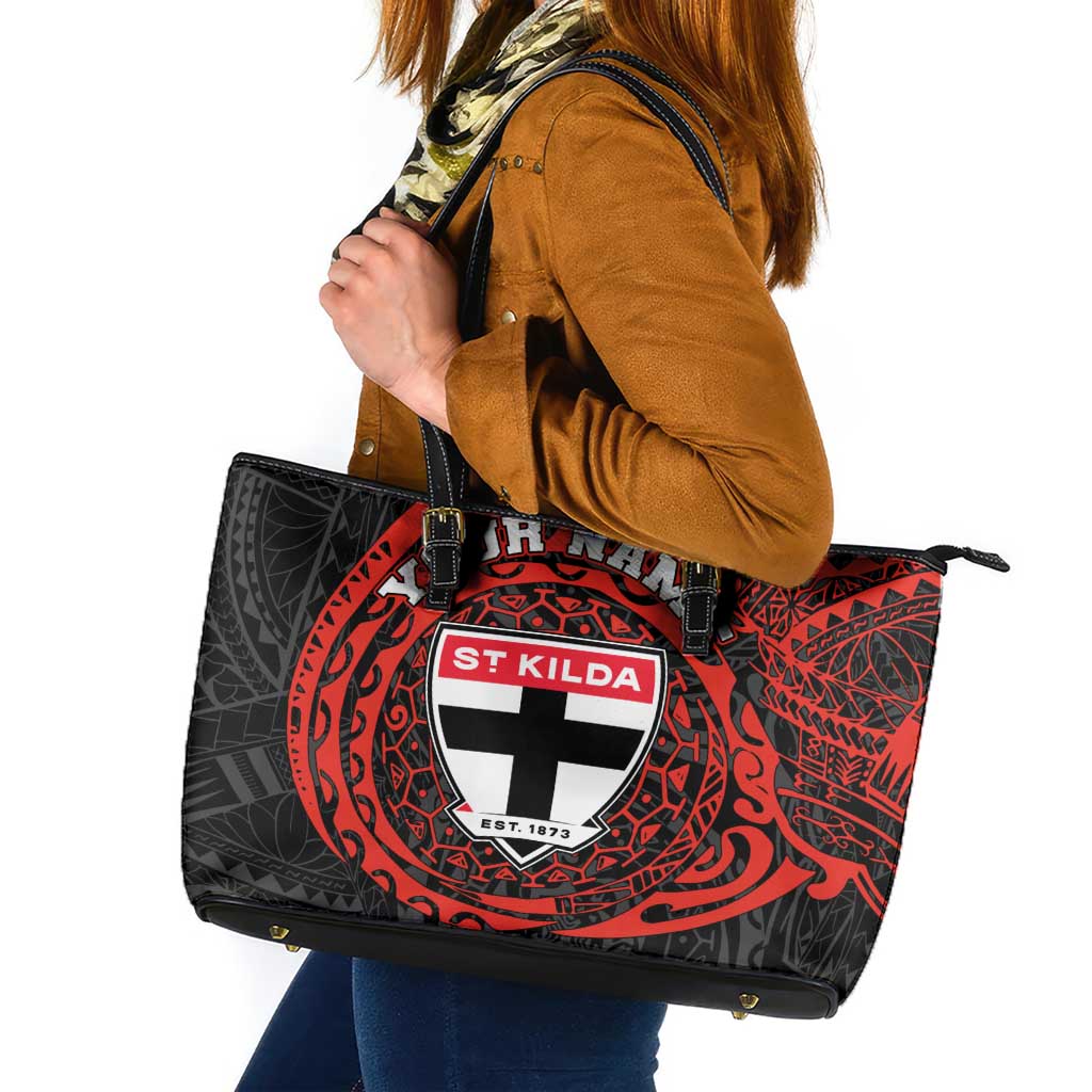 Personalized St Kilda Saints Polynesian Leather Tote Bag Tribal Chest and Sleeve Tattoo Heritage Warrior