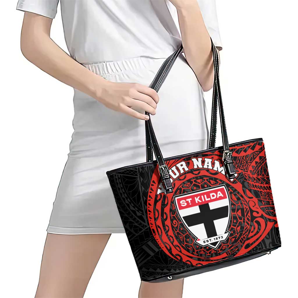Personalized St Kilda Saints Polynesian Leather Tote Bag Tribal Chest and Sleeve Tattoo Heritage Warrior