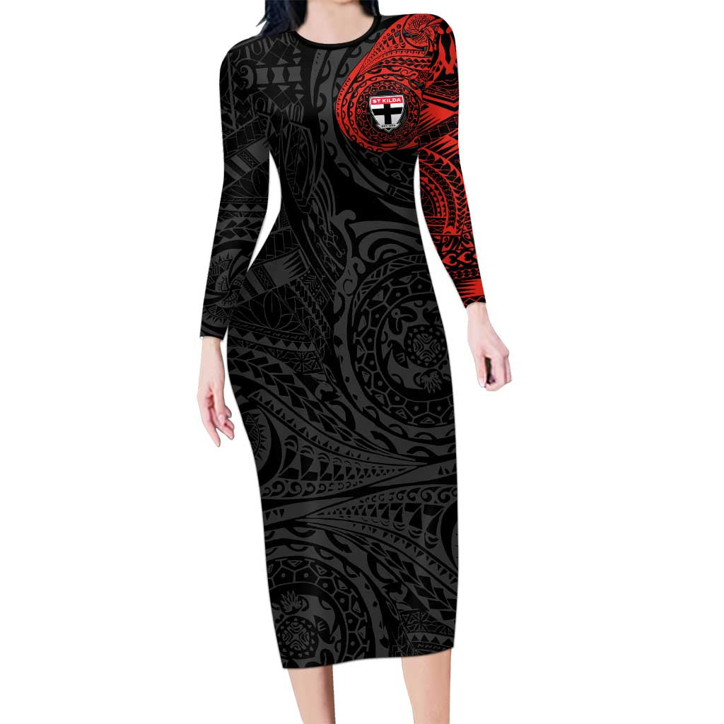 Personalized St Kilda Saints Polynesian Long Sleeve Bodycon Dress Tribal Chest and Sleeve Tattoo Heritage Warrior
