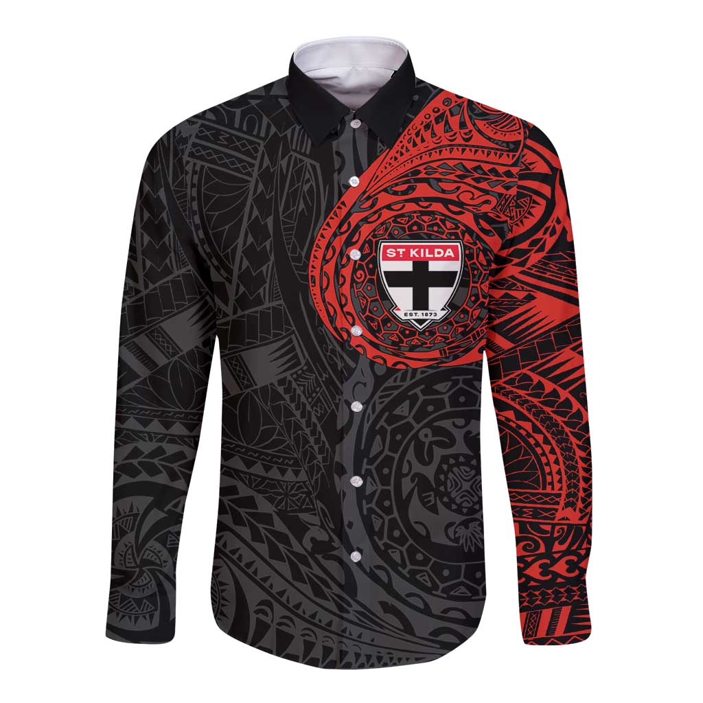 Personalized St Kilda Saints Polynesian Long Sleeve Button Shirt Tribal Chest and Sleeve Tattoo Heritage Warrior