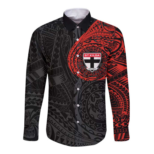 Personalized St Kilda Saints Polynesian Long Sleeve Button Shirt Tribal Chest and Sleeve Tattoo Heritage Warrior