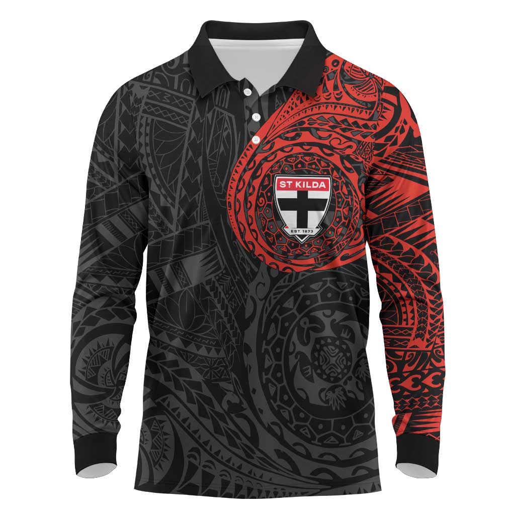 Personalized St Kilda Saints Polynesian Long Sleeve Polo Shirt Tribal Chest and Sleeve Tattoo Heritage Warrior