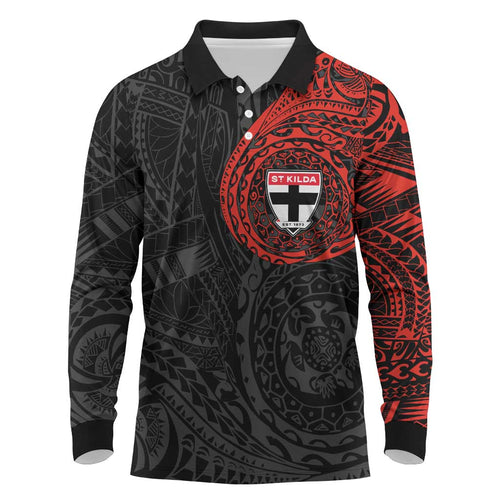 Personalized St Kilda Saints Polynesian Long Sleeve Polo Shirt Tribal Chest and Sleeve Tattoo Heritage Warrior