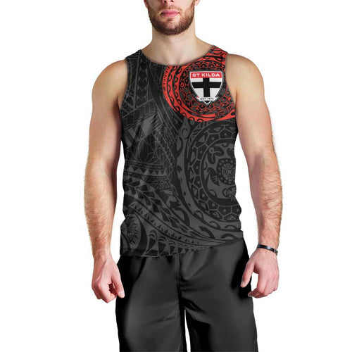 Personalized St Kilda Saints Polynesian Men Tank Top Tribal Chest and Sleeve Tattoo Heritage Warrior