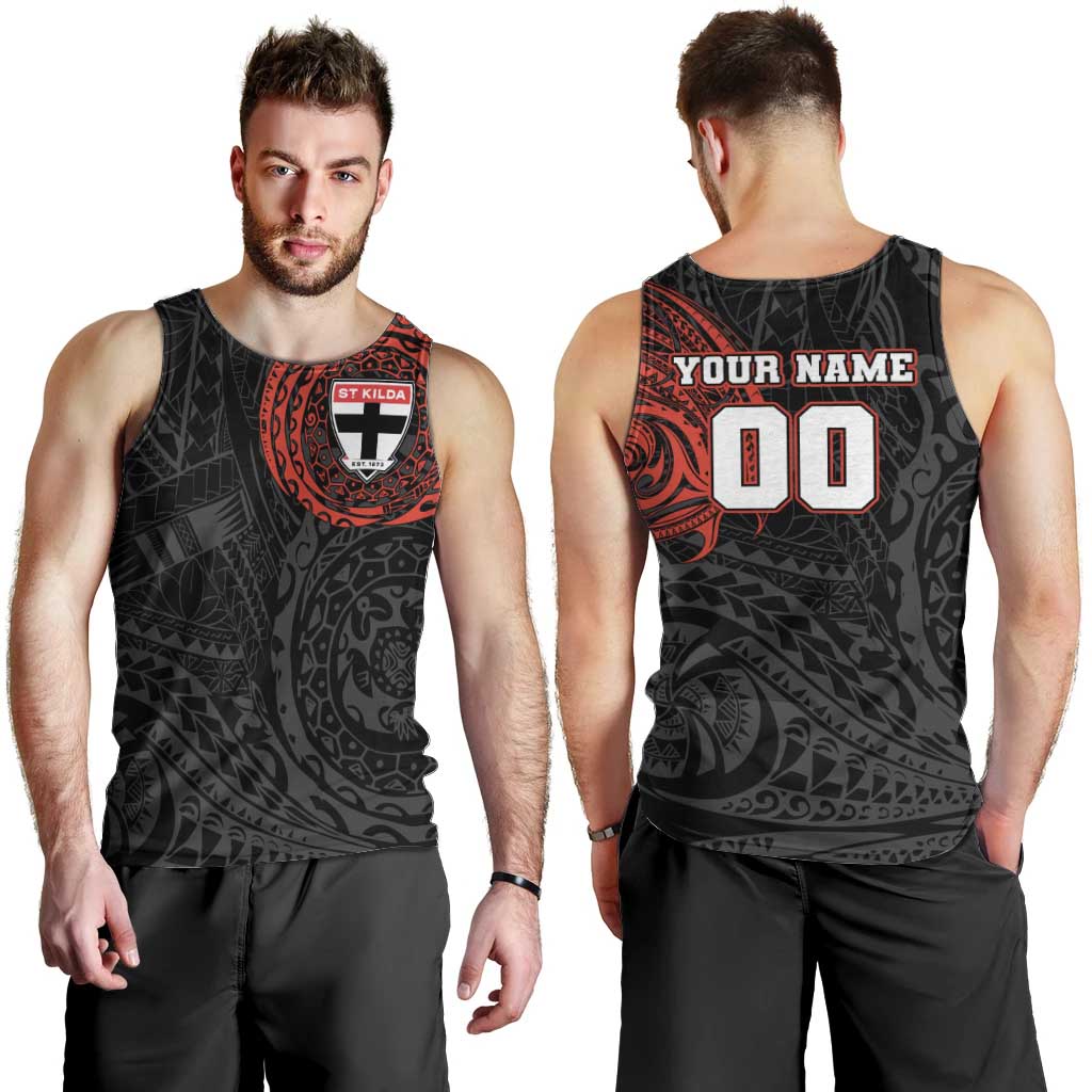 Personalized St Kilda Saints Polynesian Men Tank Top Tribal Chest and Sleeve Tattoo Heritage Warrior