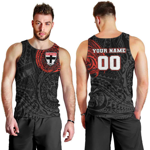Personalized St Kilda Saints Polynesian Men Tank Top Tribal Chest and Sleeve Tattoo Heritage Warrior
