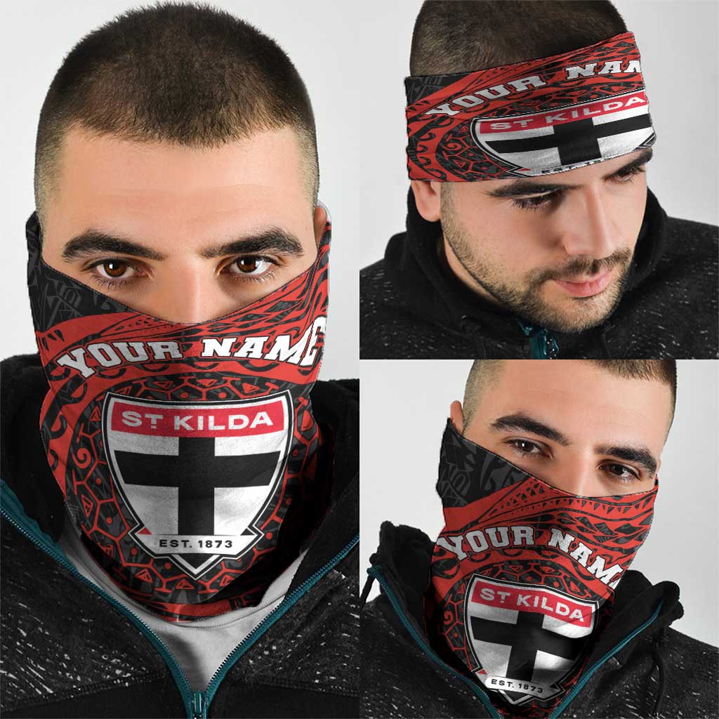 Personalized St Kilda Saints Polynesian Neck Gaiter Tribal Chest and Sleeve Tattoo Heritage Warrior