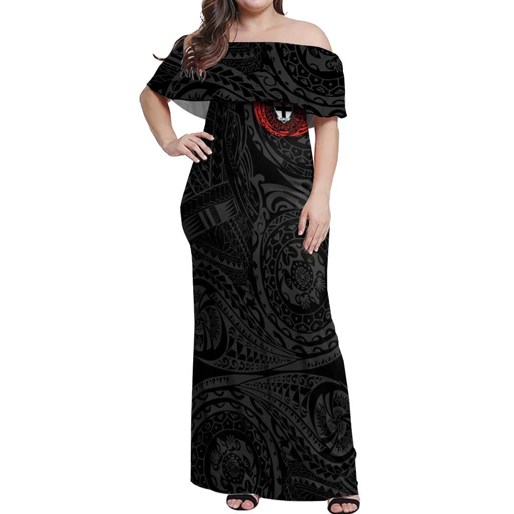 Personalized St Kilda Saints Polynesian Off Shoulder Maxi Dress Tribal Chest and Sleeve Tattoo Heritage Warrior