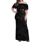 Personalized St Kilda Saints Polynesian Off Shoulder Maxi Dress Tribal Chest and Sleeve Tattoo Heritage Warrior