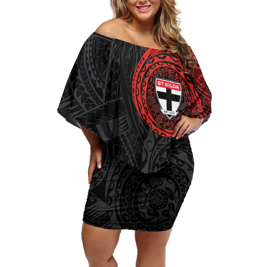 Personalized St Kilda Saints Polynesian Off Shoulder Short Dress Tribal Chest and Sleeve Tattoo Heritage Warrior