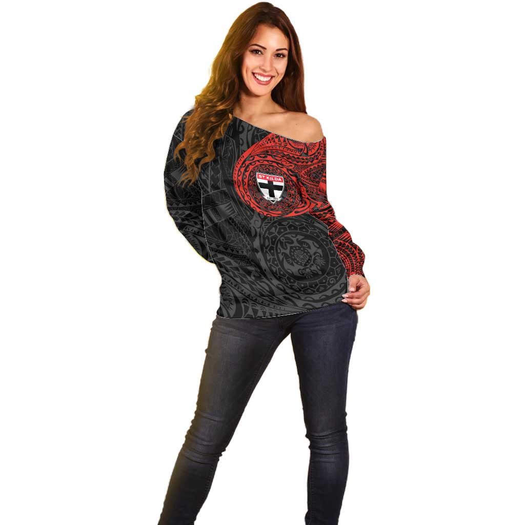 Personalized St Kilda Saints Polynesian Off Shoulder Sweater Tribal Chest and Sleeve Tattoo Heritage Warrior