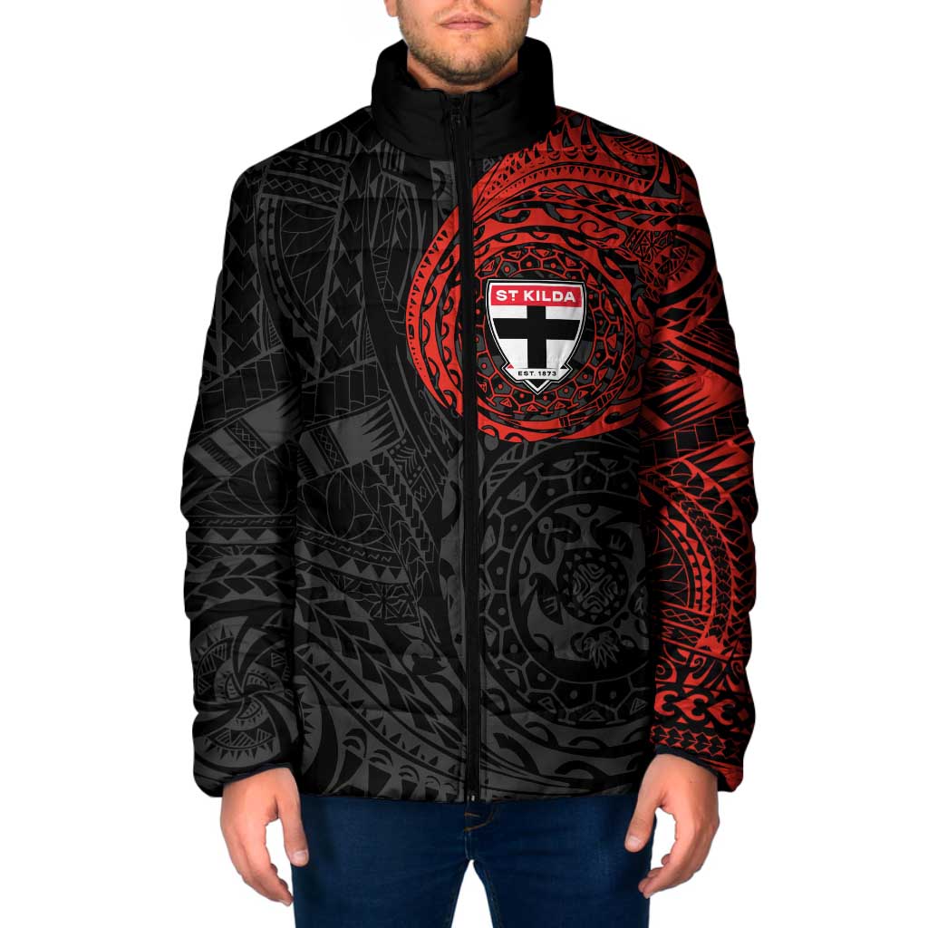 Personalized St Kilda Saints Polynesian Padded Jacket Tribal Chest and Sleeve Tattoo Heritage Warrior