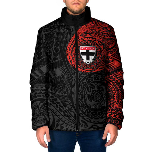 Personalized St Kilda Saints Polynesian Padded Jacket Tribal Chest and Sleeve Tattoo Heritage Warrior