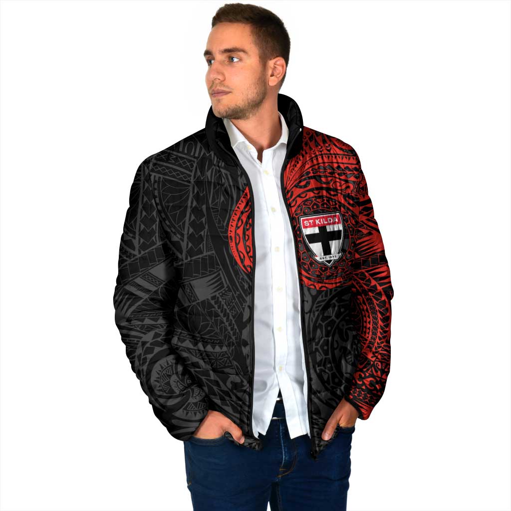 Personalized St Kilda Saints Polynesian Padded Jacket Tribal Chest and Sleeve Tattoo Heritage Warrior